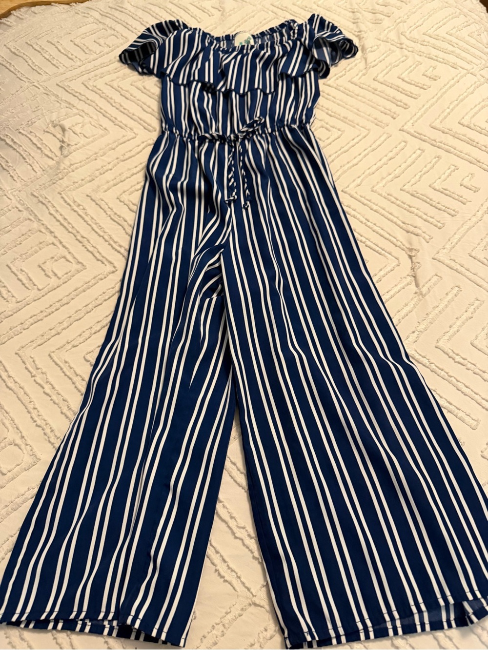 Lily Bleu Navy and White Striped Off-Shoulder Wide-Leg Jumpsuit